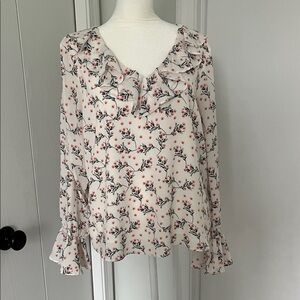 CeCe Cream Blouse with Pink Floral Ruffle V-Neck
